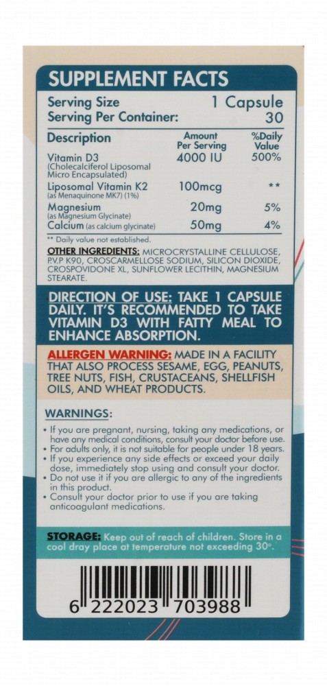 Organic Nation 4000 IU Liposomal Vitamin D3 Bone & Teeth Health Support Supplement with Vitamin K2