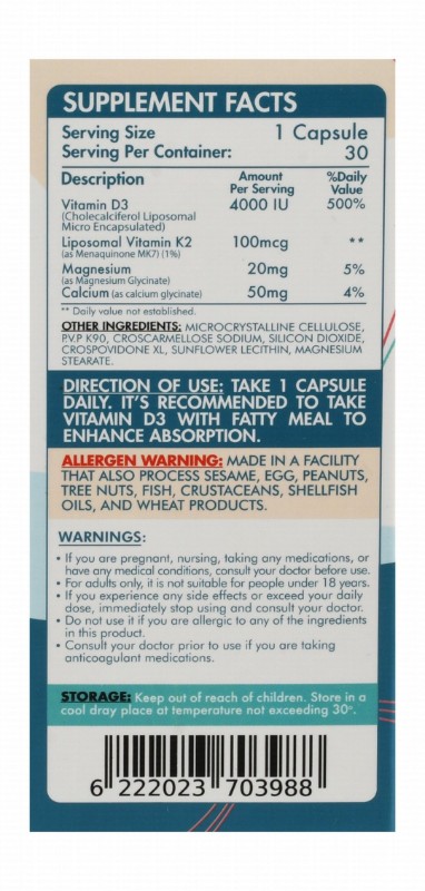 Organic Nation 4000 IU Liposomal Vitamin D3 Bone & Teeth Health Support Supplement with Vitamin K2