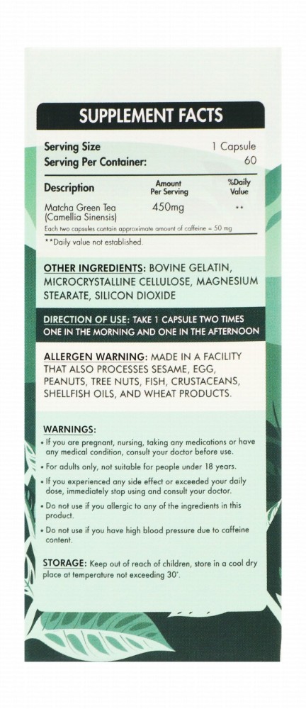 Organic Nation 450mg Matcha Green Tea Antioxidant & Energy Support Supplement