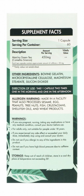 Organic Nation 450mg Matcha Green Tea Antioxidant & Energy Support Supplement