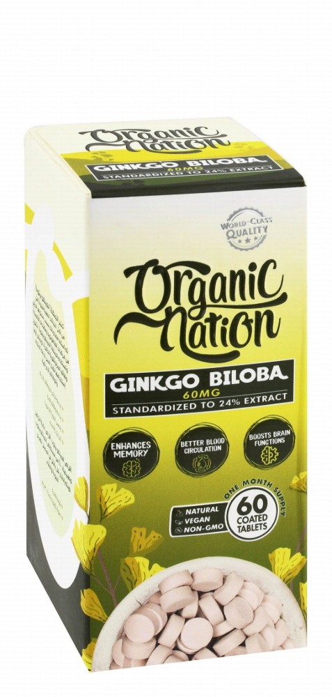 Organic Nation 60mg Ginkgo Biloba Supplement for Memory Enhancer, Blood Circulation & Brain Function Booster - vegan, GMO free