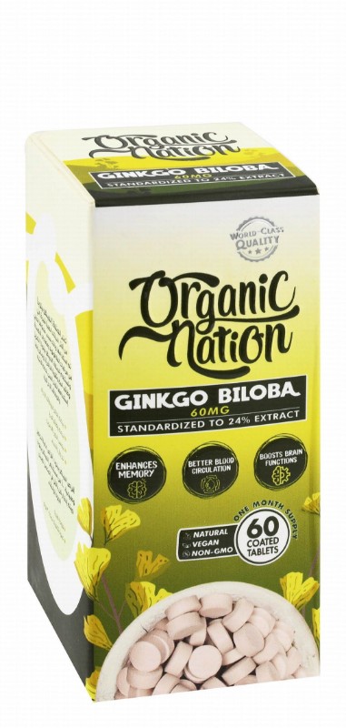 Organic Nation 60mg Ginkgo Biloba Supplement for Memory Enhancer, Blood Circulation & Brain Function Booster - vegan, GMO free