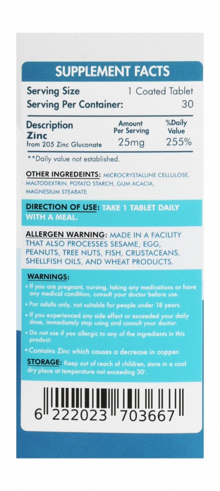 Organic Nation Vitals 25mg Zinc Gluconate Reproductive & Immunity System Support Supplement