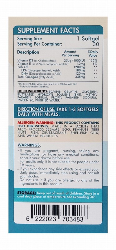 Organic Nation Vitals Perfect Omega with Vitamin D3 Heart, Brain, Joints Health Support Supplement - mercury free