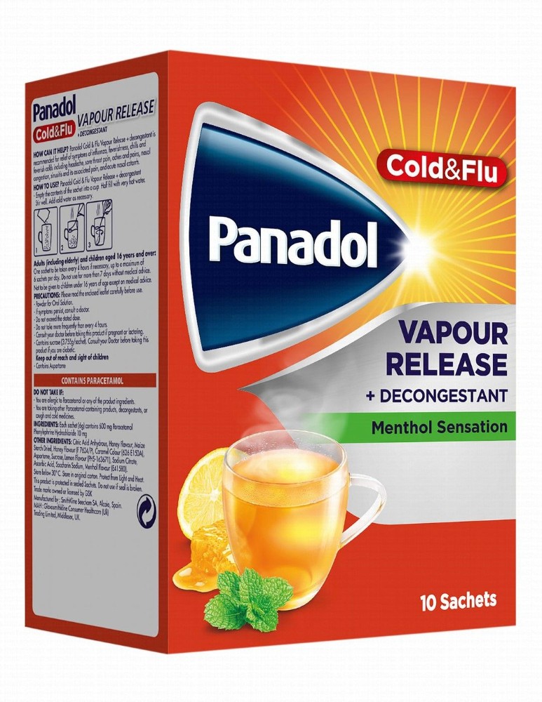 Panadol Cold Plus Flu Vapour Release 600mg Paracetamol Sachets Hot Lemon & Honey Flavor with Menthol