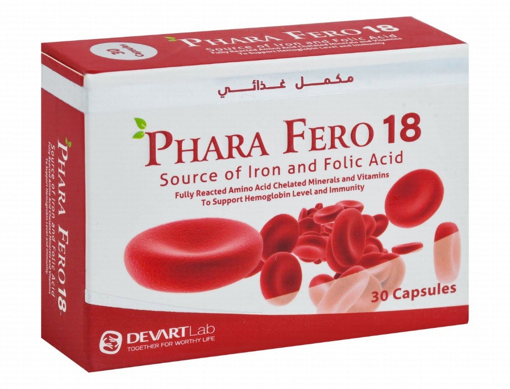 Phara Fero 18mg Iron Hemoglobin Level & Immune Support Supplement with Folic Acid