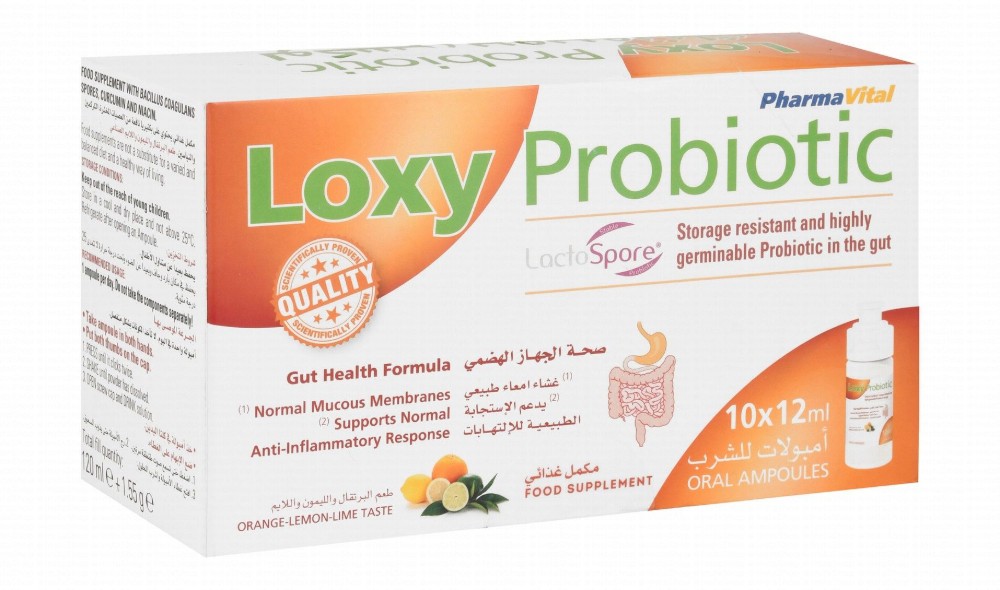 Pharmavital Loxy Probiotic Gut Health Support Supplement Ampoules Orange, Lemon & Lime Flavor - gluten free, lactose free