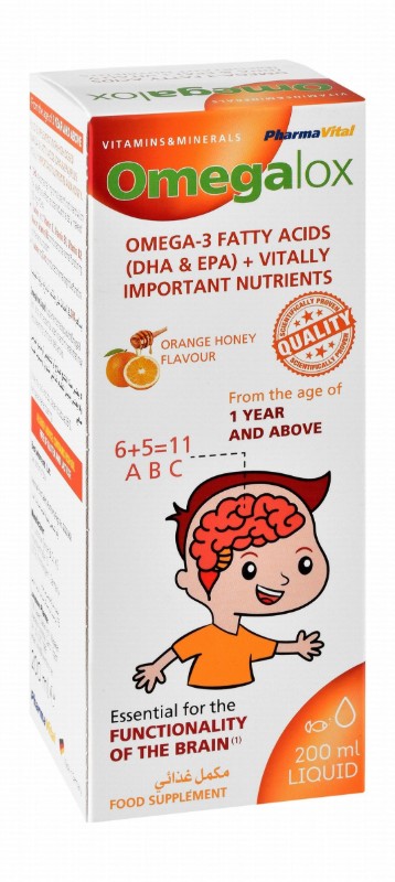Pharmavital Omegalox 305mg Omega 3 Brain Support Liquid Supplement Orange & Honey Flavor for Kids (1+ Years) - gluten free, lactose free