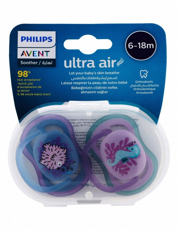 Philips Avent Ultra Air Blue & Purple Orthodontic Soothers with Case (6-18 Months)
