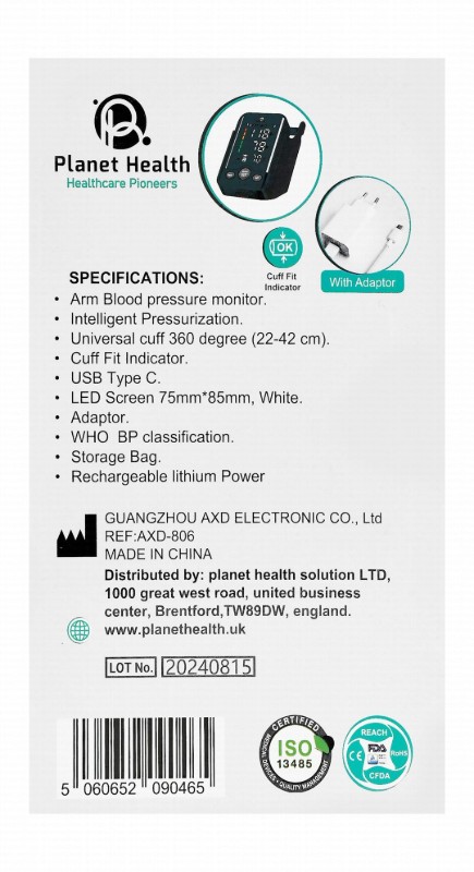 Planet Health Arm Blood Pressure Monitor - Black, PH 250