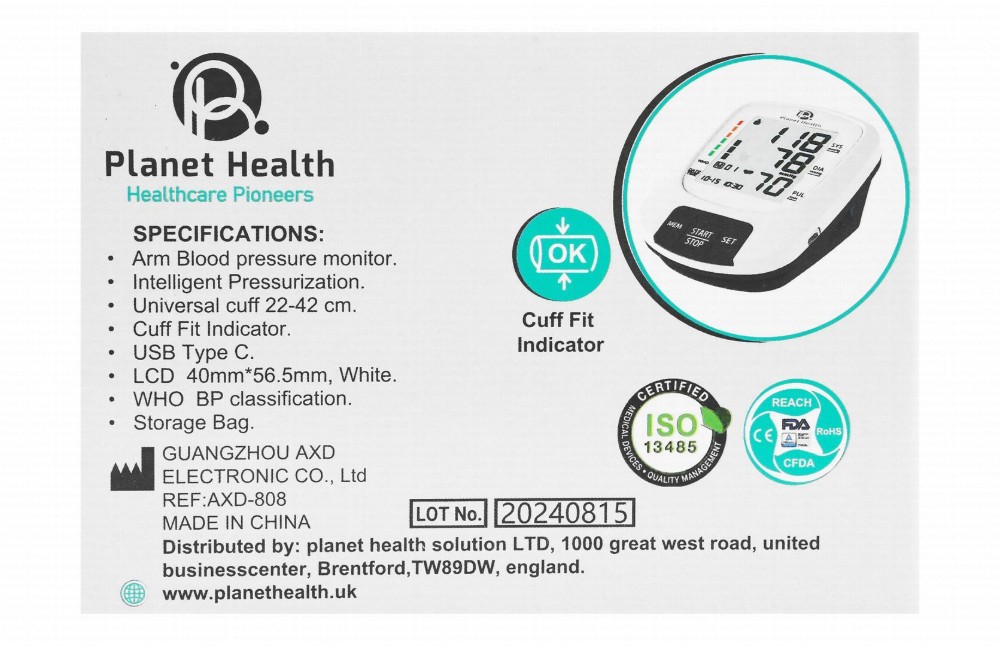 Planet Health Arm Blood Pressure Monitor - White, PH 220