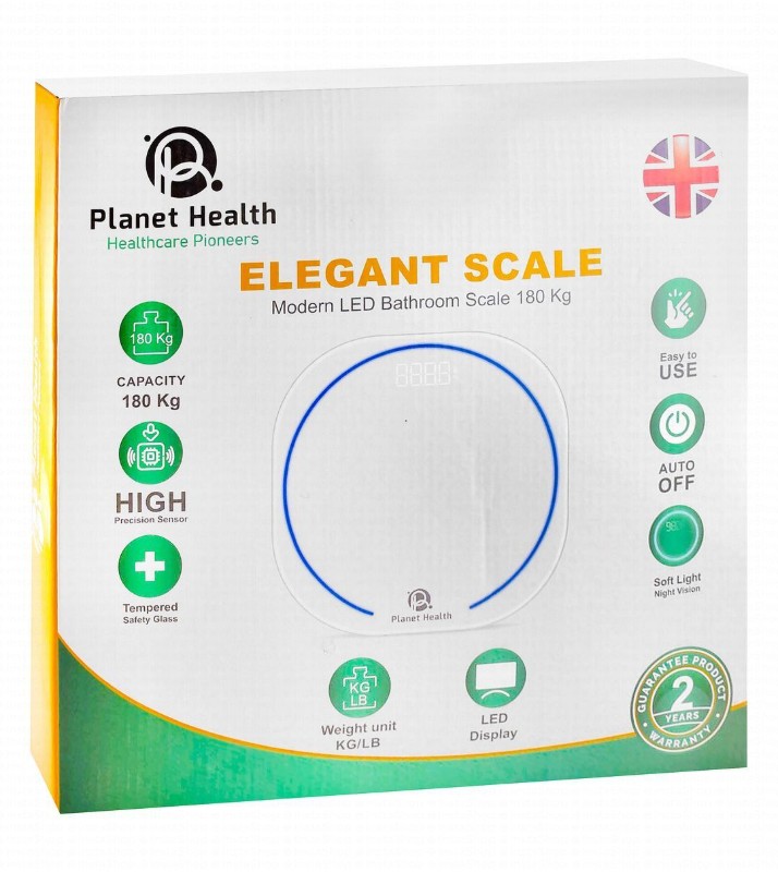 Planet Health Elegant Tempered Glass Bathroom Scale with LED Display (Up to 180kg)