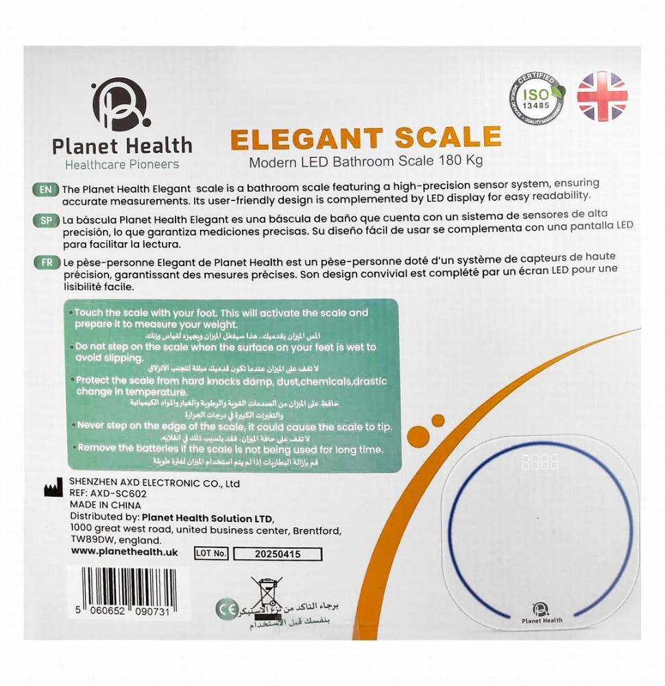 Planet Health Elegant Tempered Glass Bathroom Scale with LED Display (Up to 180kg)