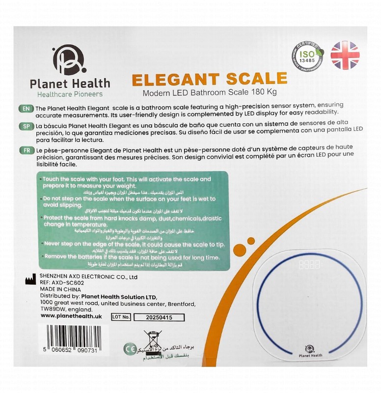 Planet Health Elegant Tempered Glass Bathroom Scale with LED Display (Up to 180kg)