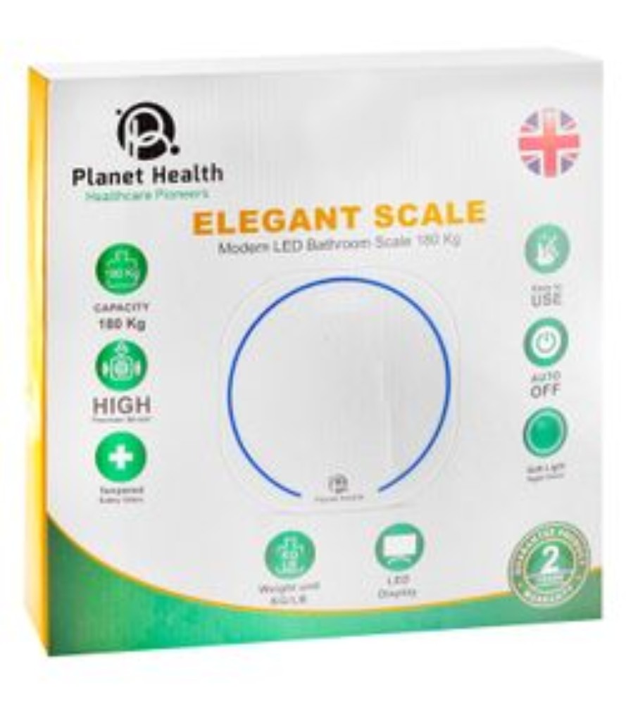 Planet Health Elegant Tempered Glass Bathroom Scale with LED Display (Up to 180kg)