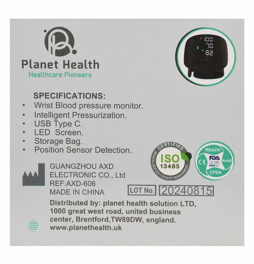 Planet Health Wrist Blood Pressure Monitor - Black, PH 350