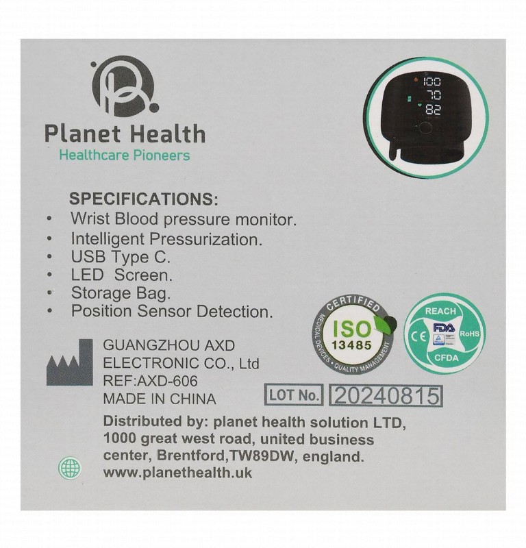 Planet Health Wrist Blood Pressure Monitor - Black, PH 350