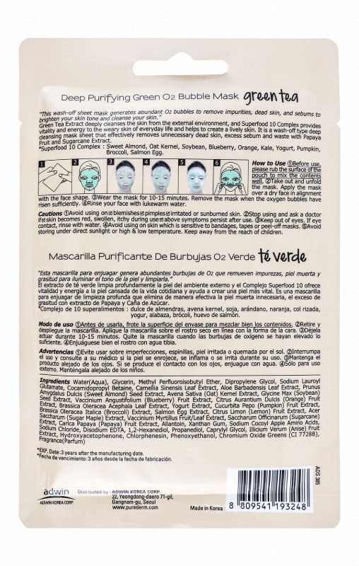 Purederm Purifying, Revitalizing & Moisturizing Bubble Facial Sheet Mask with Green Tea Extract