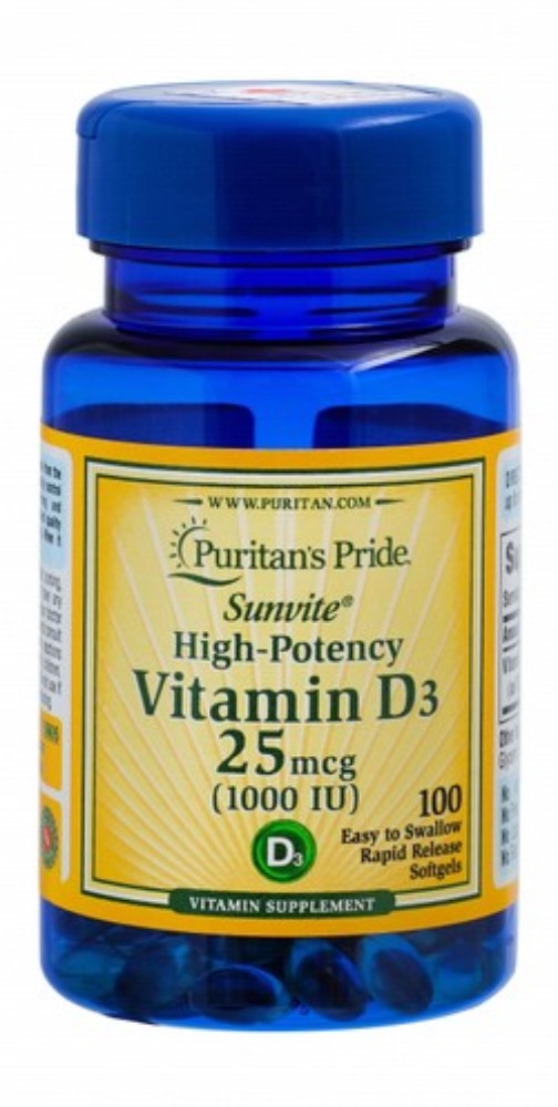 Puritan's Pride Sunvite 25mcg Vitamin D3 Supplement - preservatives free, gluten free, lactose free