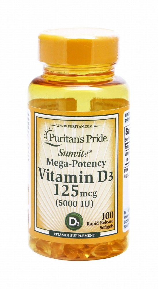 Puritan's Pride Sunvite Mega Potency Vitamin D3 125mcg (5000IU) Supplements - sugar free, lactose free, gluten free