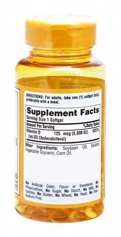 Puritan's Pride Sunvite Mega Potency Vitamin D3 125mcg (5000IU) Supplements - sugar free, lactose free, gluten free