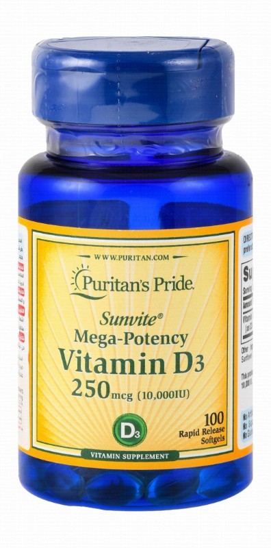 Puritan's Pride Sunvite Mega-Potency 250mcg Vitamin D3 Supplement - gluten free, sodium free, sugar free