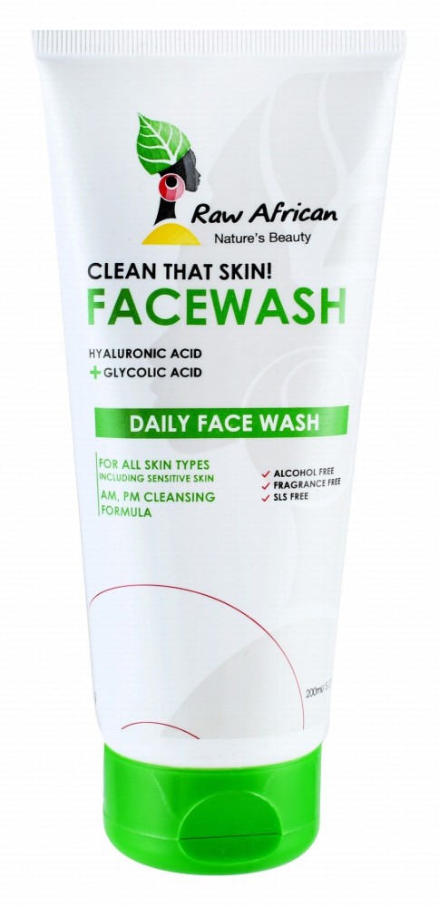 Raw African Daily Face Wash with Hyaluronic & Glycolic Acid for All Skin Types - SLS free, alcohol free, fragrance free