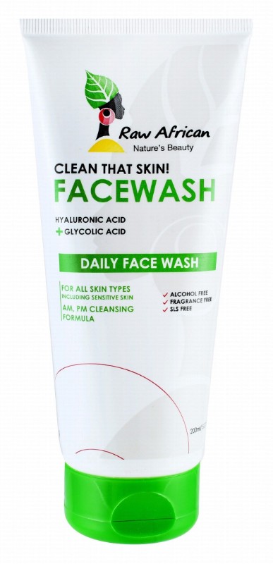 Raw African Daily Face Wash with Hyaluronic & Glycolic Acid for All Skin Types - SLS free, alcohol free, fragrance free