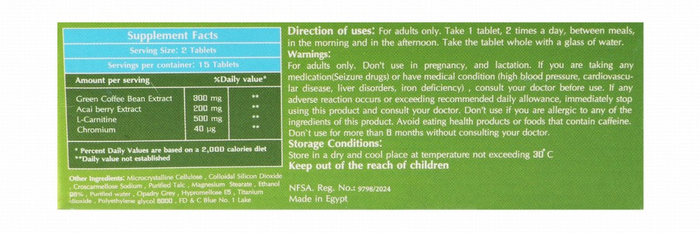 Regigreen Plus 150mg Green Coffee Bean & 100mg Acai Berry Extracts Weight Management Support Supplement with L-Carnitine & Chromium