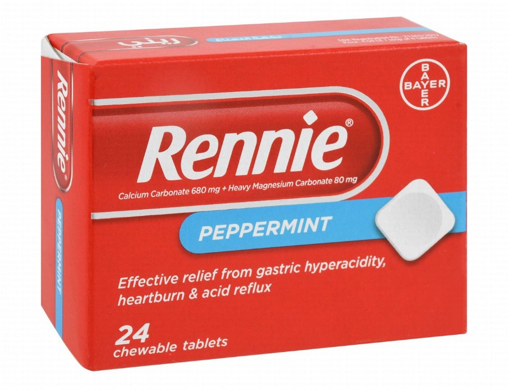 Rennie 680mg Calcium Carbonate Hyperacidity, Acid Reflux & Heartburn Relief Chewable Tablets Peppermint Flavor
