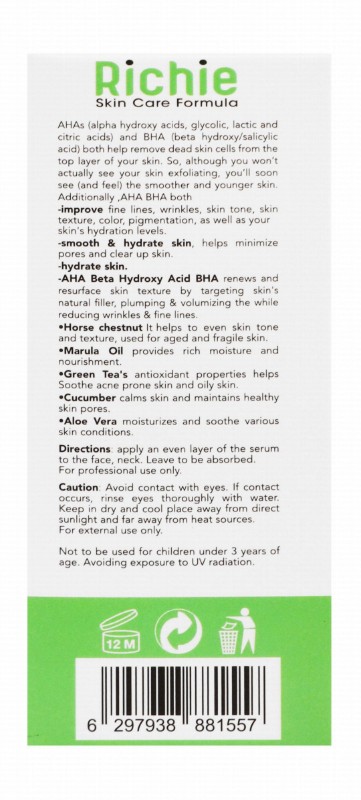 Richie Exfoliating, Revitalizing & Restoring Face Serum with 12% AHA & BHA for All Skin Types