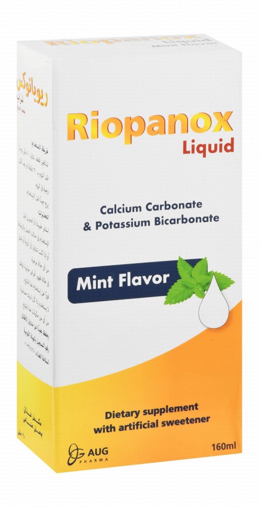 Riopanox 240.5mg Calcium Carbonate & 78mg Potassium Bicarbonate Liquid Supplement Mint Flavor with Artificial Sweetener