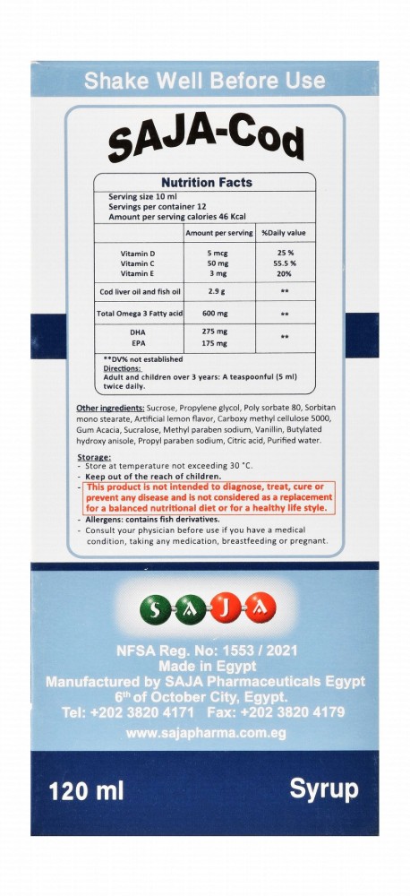 Saja 2.9g Cod Oil Supplement Syrup with Vitamin C, D & EPA for Immunity, Bones & Heart