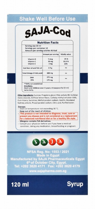 Saja 2.9g Cod Oil Supplement Syrup with Vitamin C, D & EPA for Immunity, Bones & Heart