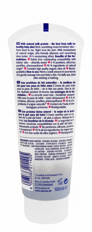 Sanosan Baby Care Cream with Olive Oil Extract & Milk Protein - parabens free, silicones free, paraffins free