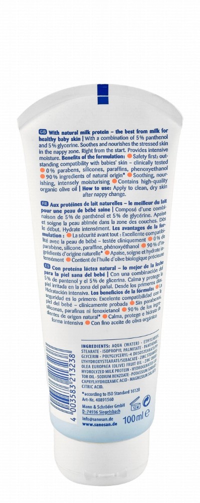 Sanosan Baby Soothing & Nourishing Nappy Cream with Panthenol & Milk Protein - parabens free, silicones free, phenoxyethanol free