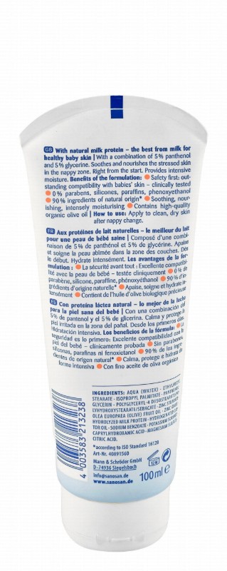 Sanosan Baby Soothing & Nourishing Nappy Cream with Panthenol & Milk Protein - parabens free, silicones free, phenoxyethanol free