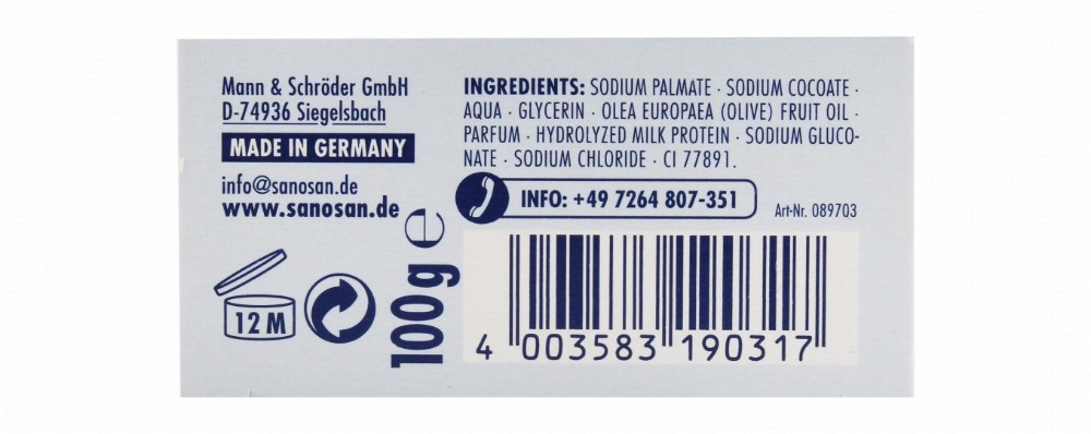 Sanosan Hypoallergenic Baby Care Soap Bar with Organic Olive Oil & Milk Protein - parabens free, silicone free, paraffin oil free