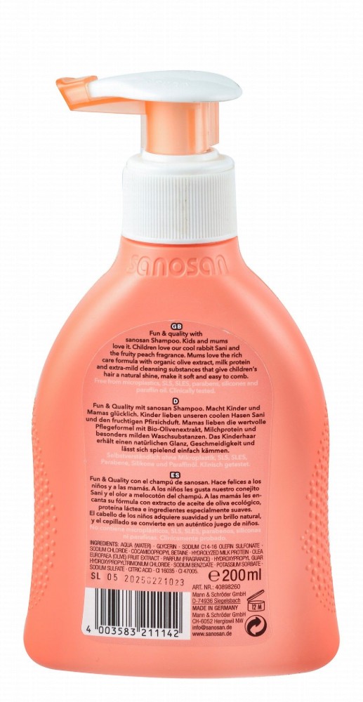 Sanosan Kids Shampoo Peach Scent with Organic Olive Extract & Milk Protein