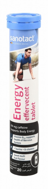 Sanotact 100mg Caffeine Energy & Nervous System Support Effervescent Tablets Sweet Multi Flavors with Vitamin B12 & Taurine