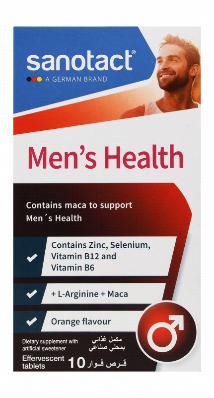 Sanotact 100mg Maca Men's Health Support Effervescent Tablets Orange Flavor with Zinc, Selenium & Vitamin B12
