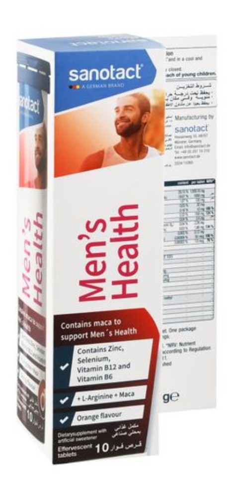 Sanotact 100mg Maca Men's Health Support Effervescent Tablets Orange Flavor with Zinc, Selenium & Vitamin B12