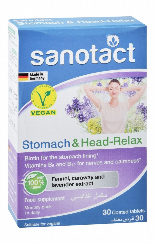 Sanotact Stomach & Head Relax 50mcg Biotin, 1.4mg Vitamin B6 & 2.5mcg Vitamin B12 Supplement with Fennel, Caraway & Lavender Extracts for Nerves, Calmness & Stomach Lining Health - vegetarian