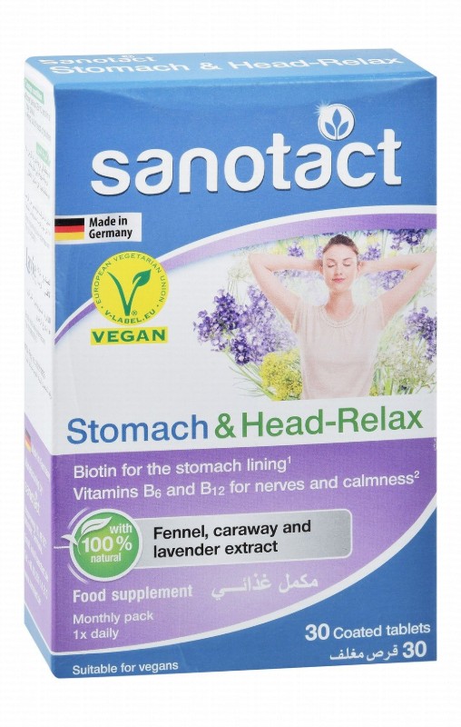 Sanotact Stomach & Head Relax 50mcg Biotin, 1.4mg Vitamin B6 & 2.5mcg Vitamin B12 Supplement with Fennel, Caraway & Lavender Extracts for Nerves, Calmness & Stomach Lining Health - vegetarian