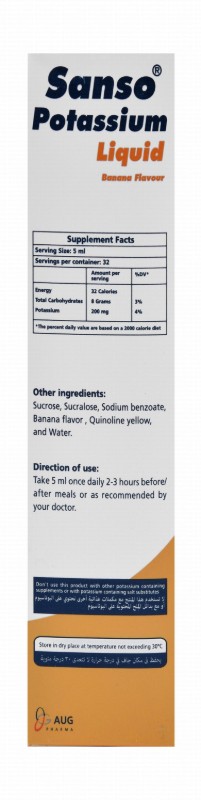 Sanso 200mg Potassium Liquid Supplement Banana Flavor for Normal Blood Pressure, Nerve & Muscle Functions Health
