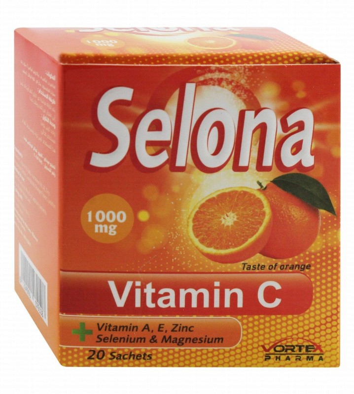 Selona 1000mg Vitamin C Supplement Sachets Orange Flavor with Vitamin A, E, Zinc, Selenium & Magnesium
