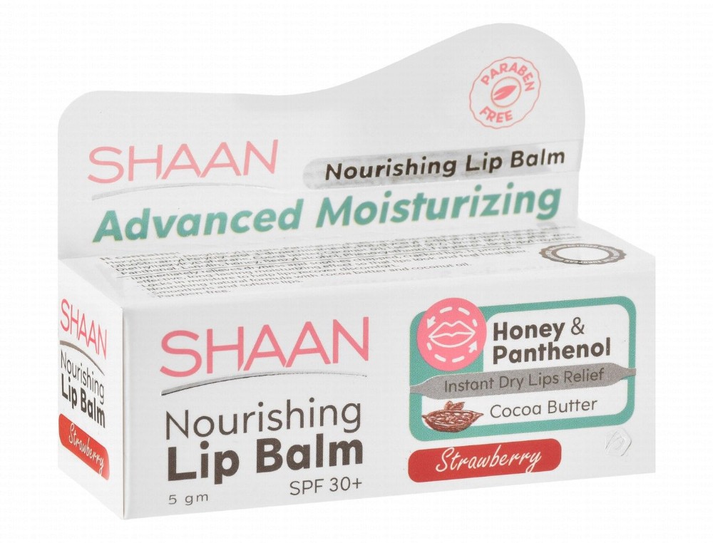 Shaan Advanced Moisturizing & Nourishing Lip Balm Strawberry Flavor with Cocoa Butter, Honey & Panthenol for Dry & Chapped Lips SPF30+ - parabens free