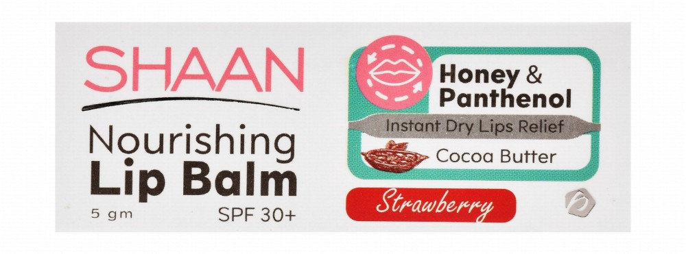 Shaan Advanced Moisturizing & Nourishing Lip Balm Strawberry Flavor with Cocoa Butter, Honey & Panthenol for Dry & Chapped Lips SPF30+ - parabens free
