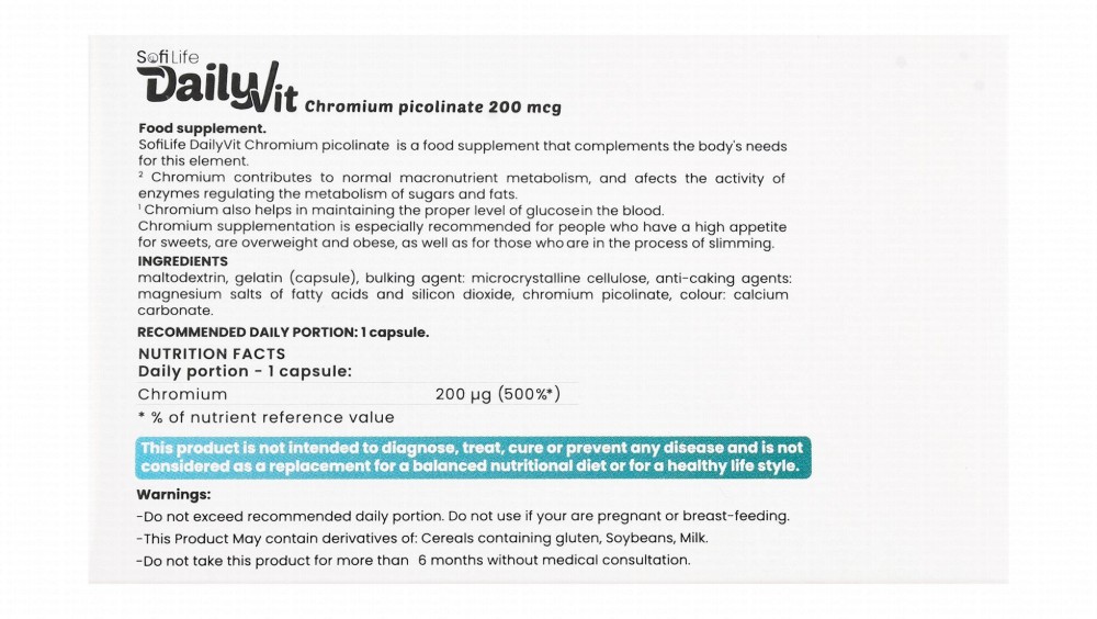 Sofi Life DailyVit 200mcg Chromium Picolinate Energy Metabolism & Normal Blood Glucose Levels Health Support Supplement