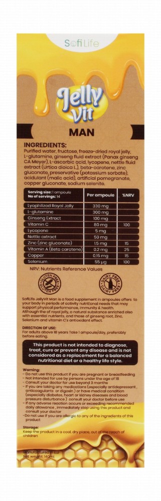 Sofi Life Jelly Vit Man 330mg Lyophilized Royal Jelly & 300mg L-glutamine Physical Performance & Immunity System Support Supplement Ampoules Pomegranate Flavor with Ginseng, Nettle & Lycopene - gluten free, dairy free